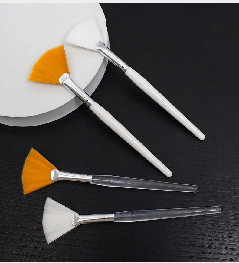 custom logo single facial fan brushes white goat hair fan brushes for facial transparent handle facial mask brush