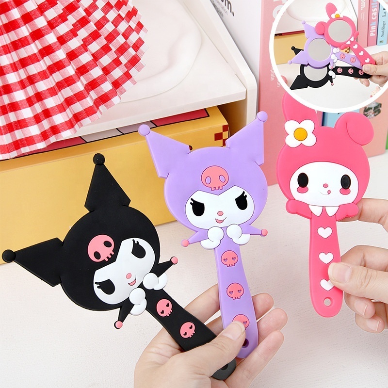 Purple Kuromi Single Side Makeup Hand Mirror Silicone Cartoon Personalized Popular Cosmetic Mirror Melody Pink Makeup Mirror