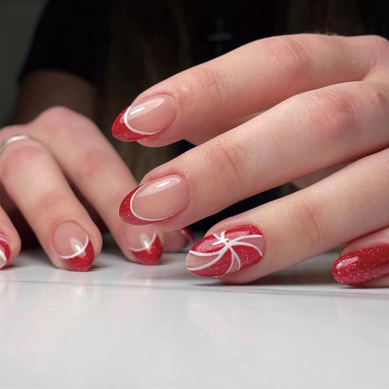 Christmas Daily Red Glitter Press On Nails Snowflake French Tip Manicure Acrylic Stick On Nails Almond Chrome Nails Art