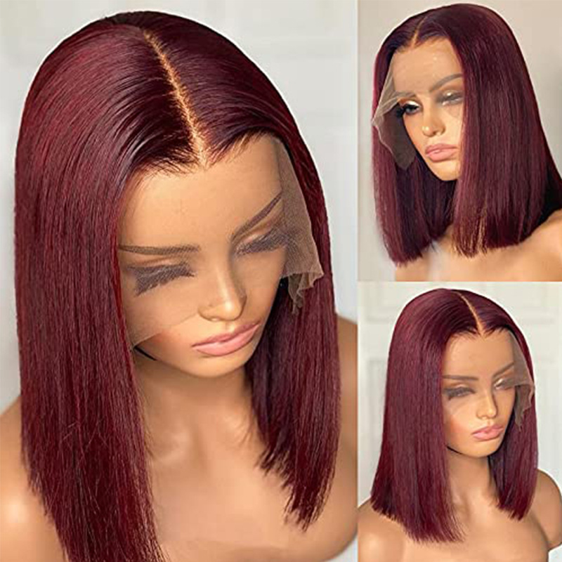 2023 Hot Female before lace wig wine red short straight chemical fiber wig full head cover  HD lace Wigs Natural