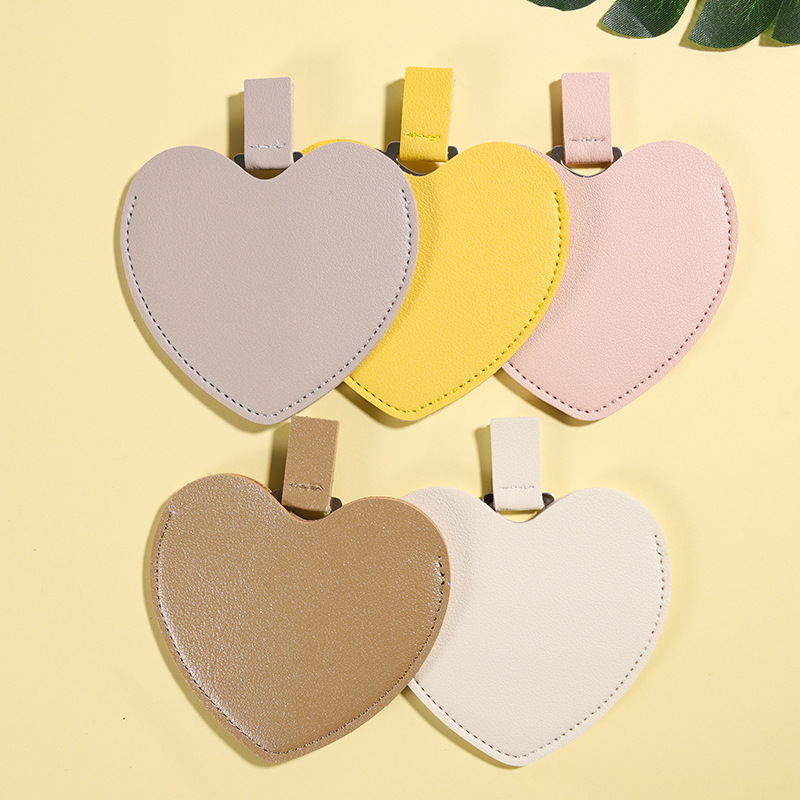 Custom Logo PU Heart Shape Makeup Mirror Portable Handheld Small Makeup Leather Pocket Mirror Stainless Steel Mirror