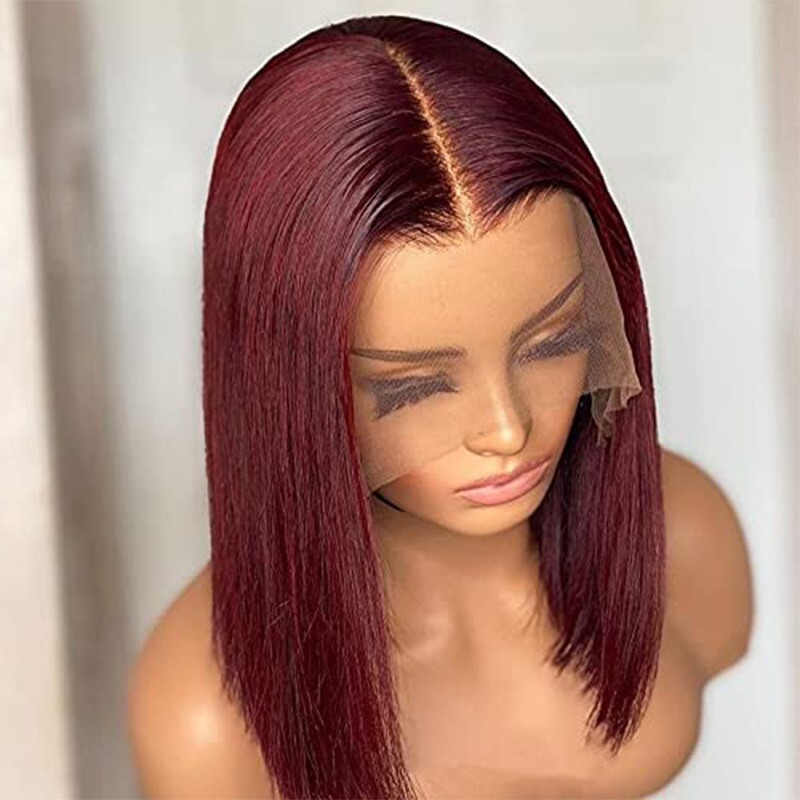 2023 Hot Female before lace wig wine red short straight chemical fiber wig full head cover  HD lace Wigs Natural