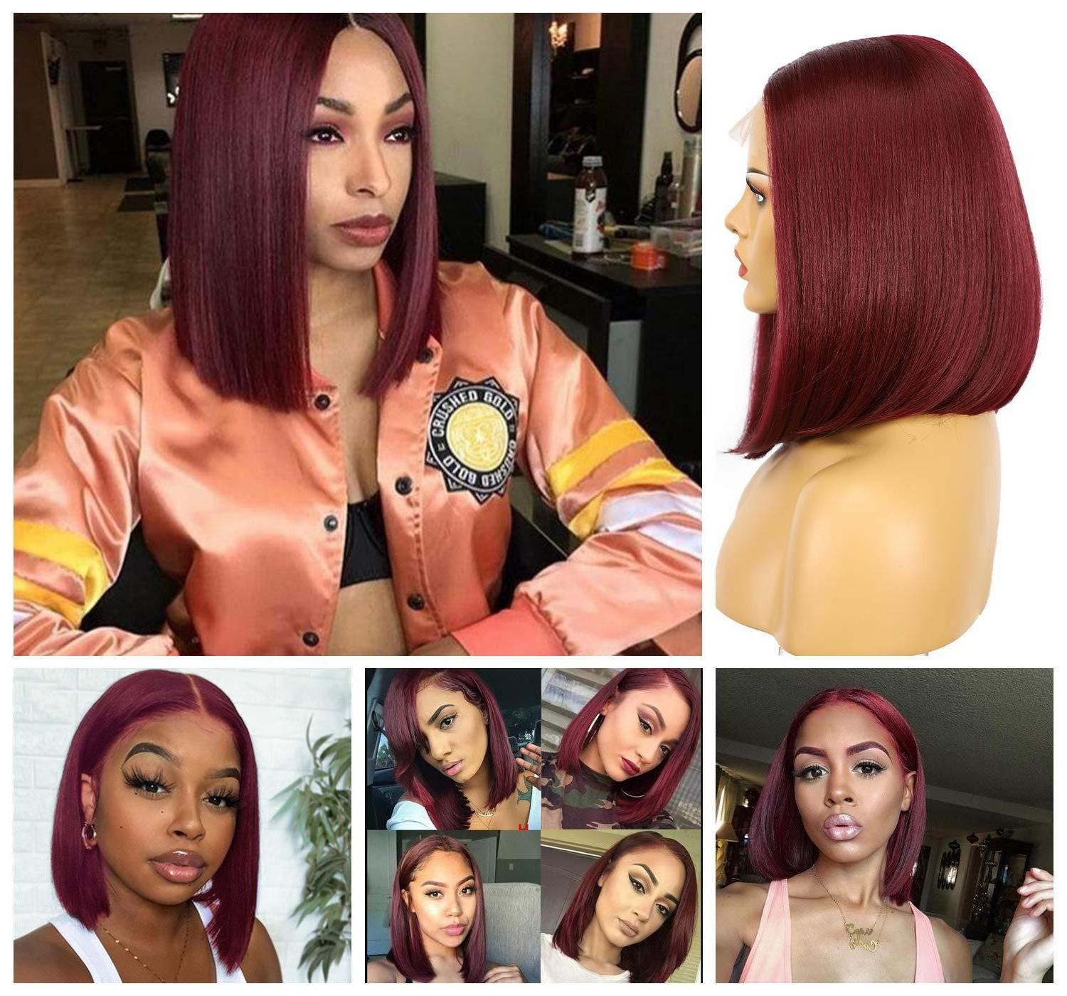 2023 Hot Female before lace wig wine red short straight chemical fiber wig full head cover  HD lace Wigs Natural