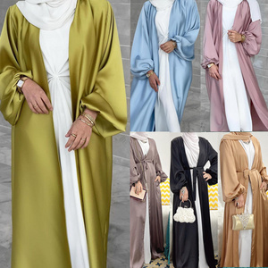 New Ramadan Eid Fashion Islamic Clothing Muslim Dress Puff Sleeve Open Cardigan Colorful Elegant Kimono Silky Satin Abay