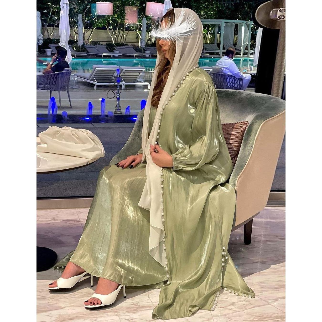 New Islamic Muslim Dubai Qatar Shiny Pearl Abaya With Inner Set Designs Dubai 2 Piece Beads Abaya Sets