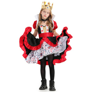 Halloween Costume Children's Poker Queen With Crown Necklace Accessories Girl Stage Show Dress Fairy Tale Costume