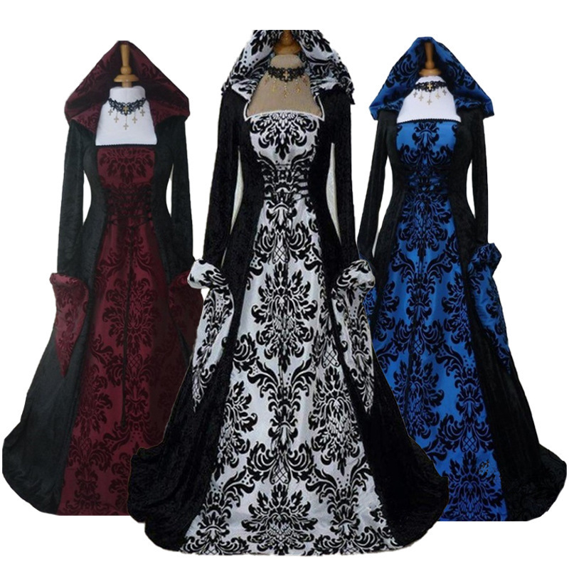 BAIGE Halloween Costume Witch Medieval Dress Female Adult Plus Size Scary Cosplay Gothic Wizard Halloween Clothes for Women