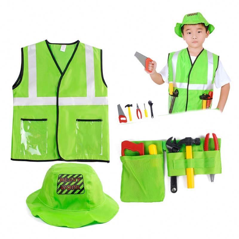 Kid Builder Career Dress Up Clothes Boys Construction Worker Costume With Tool Belt Vest Hat HCBC-002