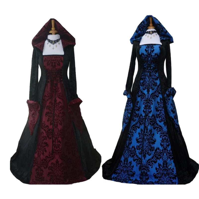 BAIGE Halloween Costume Witch Medieval Dress Female Adult Plus Size Scary Cosplay Gothic Wizard Halloween Clothes for Women