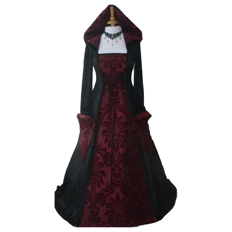 BAIGE Halloween Costume Witch Medieval Dress Female Adult Plus Size Scary Cosplay Gothic Wizard Halloween Clothes for Women