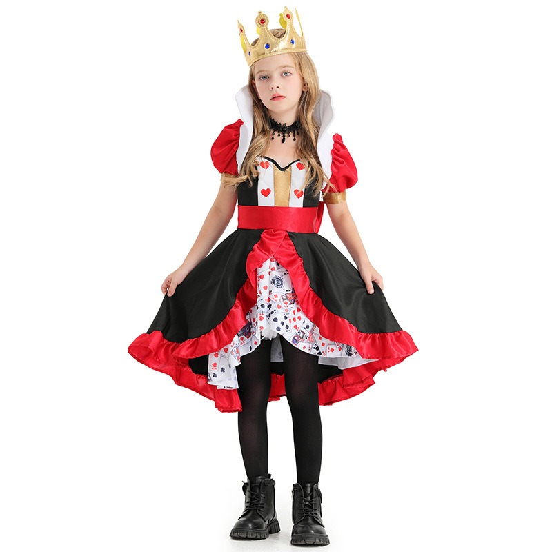 Halloween Costume Children's Poker Queen With Crown Necklace Accessories Girl Stage Show Dress Fairy Tale Costume