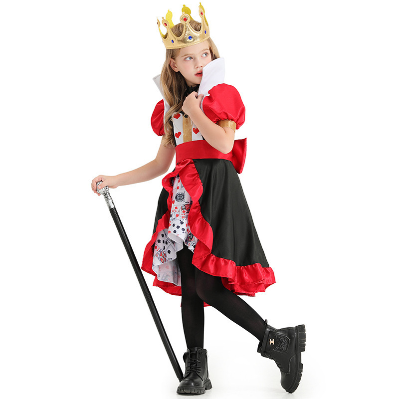 Halloween Costume Children's Poker Queen With Crown Necklace Accessories Girl Stage Show Dress Fairy Tale Costume