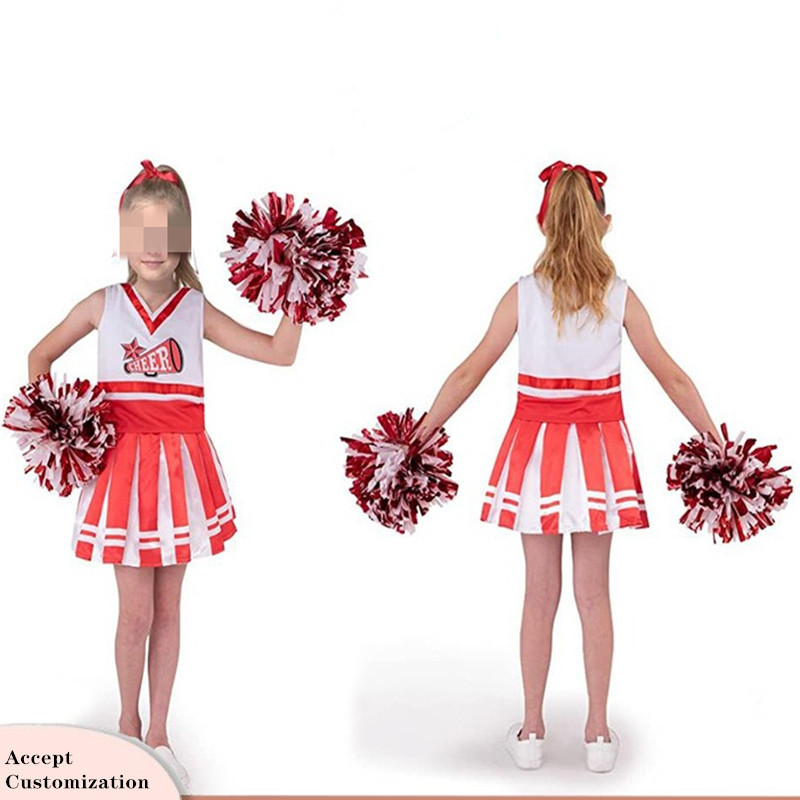 BAIGE Wholesale Red Cheerleader Costume for Girls Cheerleading Outfit with Pom Poms Halloween Dress Up Party