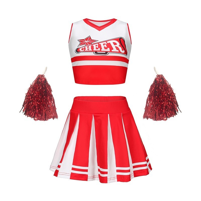 BAIGE Wholesale Red Cheerleader Costume for Girls Cheerleading Outfit with Pom Poms Halloween Dress Up Party