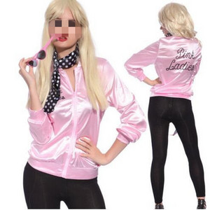 Hot Selling 50s Ladys Pink Satin Jacket Pink Solid Tracksuit Halloween Cosplay Costume with Neck Scarf