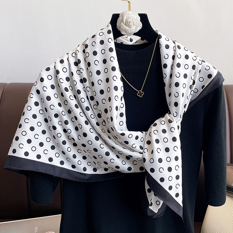 Summer Elegant Twill Silk Square Neck Scarf Women 90*90cm Female Foulard Black White Printed Neckerchief Head scarf Hijab