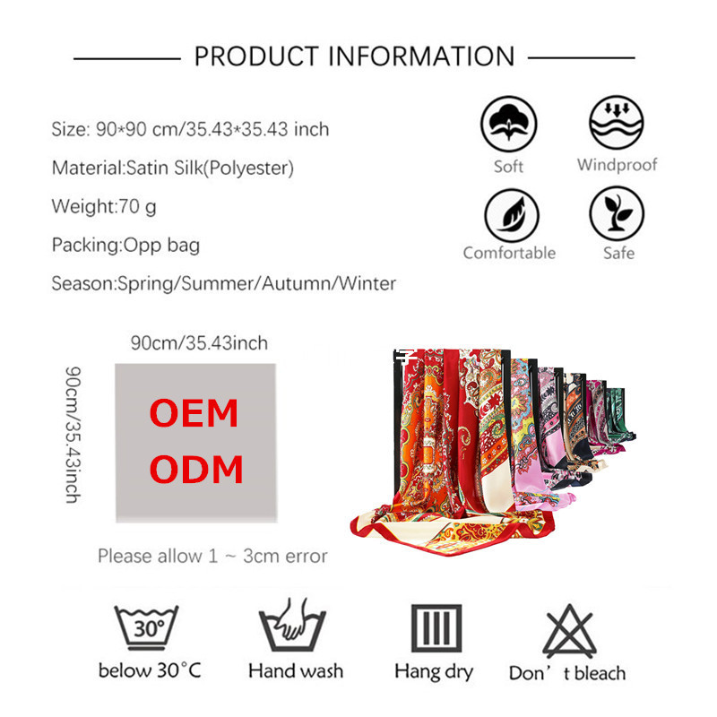 Wholesale manufacture Custom Design Cashew Printed Silk Scarves Women Brand Name Silk Satin Square Scarf with logo