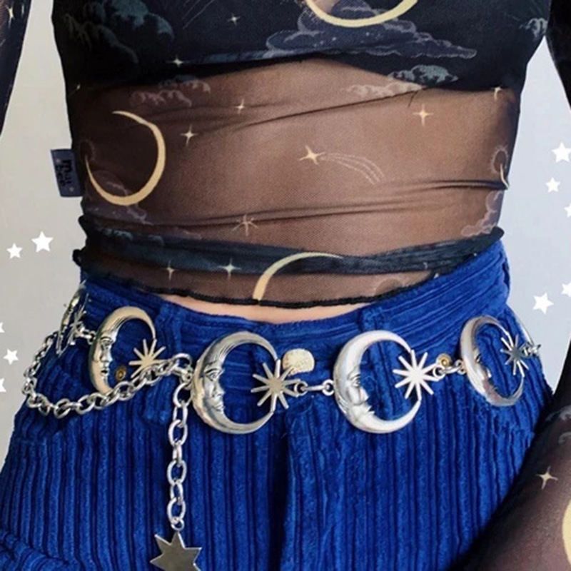 Punk Moon Metal Belts Women Vintage High Waist Chain Waist Belts Gothic Moon Sun Sliver Pendant Belts Female