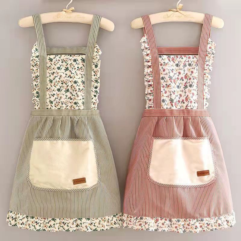 Floral print strap aprons with pockets for women kitchen cooking baking canvas princess apron