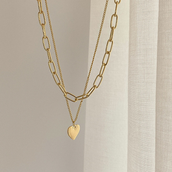 High Quality Custom Geometric Multi-layer Heart Necklace Gold Plated Half Pearl Half Chain Necklace