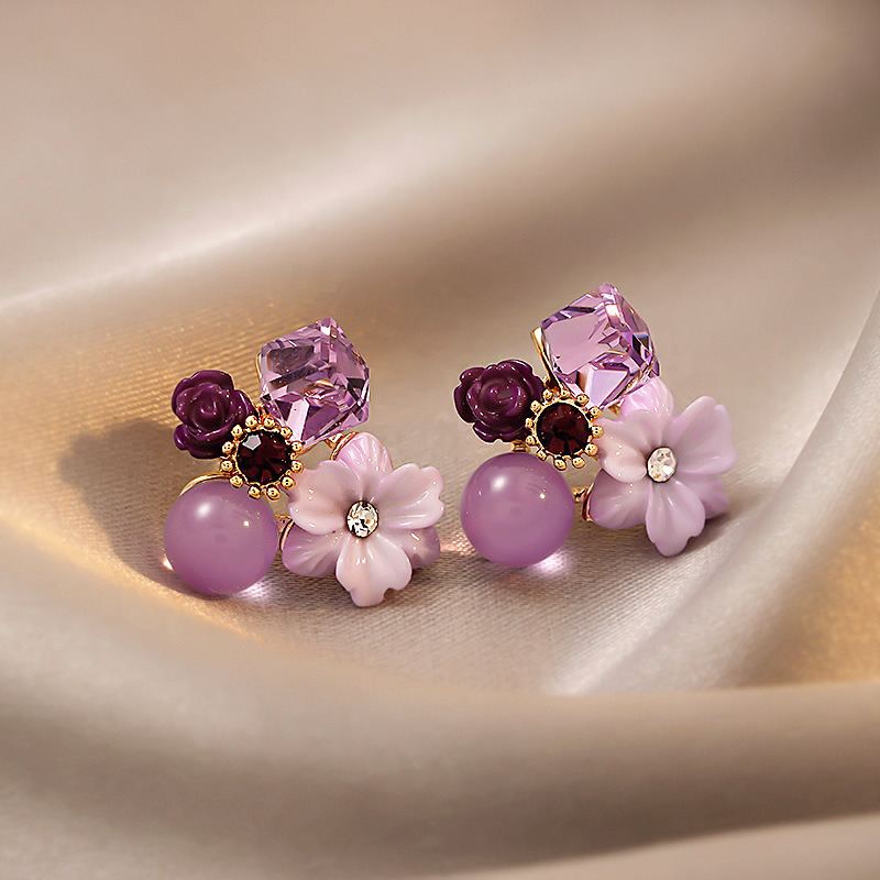 Noble Purple Crystal Flower Stud Earrings For Woman 2023 Korean Fashion Jewelry Wedding Party Girl's Earring