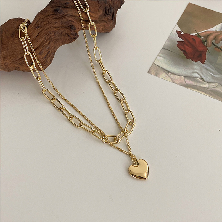 High Quality Custom Geometric Multi-layer Heart Necklace Gold Plated Half Pearl Half Chain Necklace