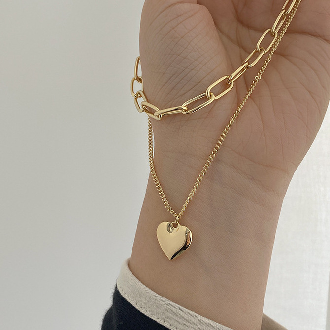 High Quality Custom Geometric Multi-layer Heart Necklace Gold Plated Half Pearl Half Chain Necklace