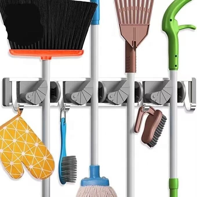 Aluminum Mop Holder Wall Mounted Broom Hook Home Storage Rack 2/3/4 Position Multi-Functional Broomstick Hooks