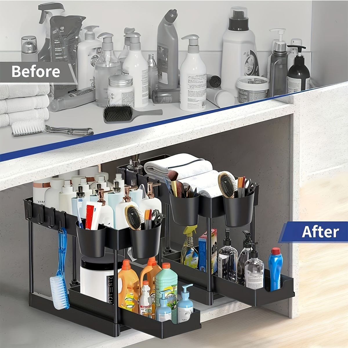 Multi-Purpose Kitchen 2 Tier Organizer Pull Out Sliding Drawers Under Sink Cabinet Shelf Spice Bathroom Storage Rack