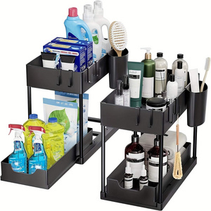 Multi-Purpose Kitchen 2 Tier Organizer Pull Out Sliding Drawers Under Sink Cabinet Shelf Spice Bathroom Storage Rack