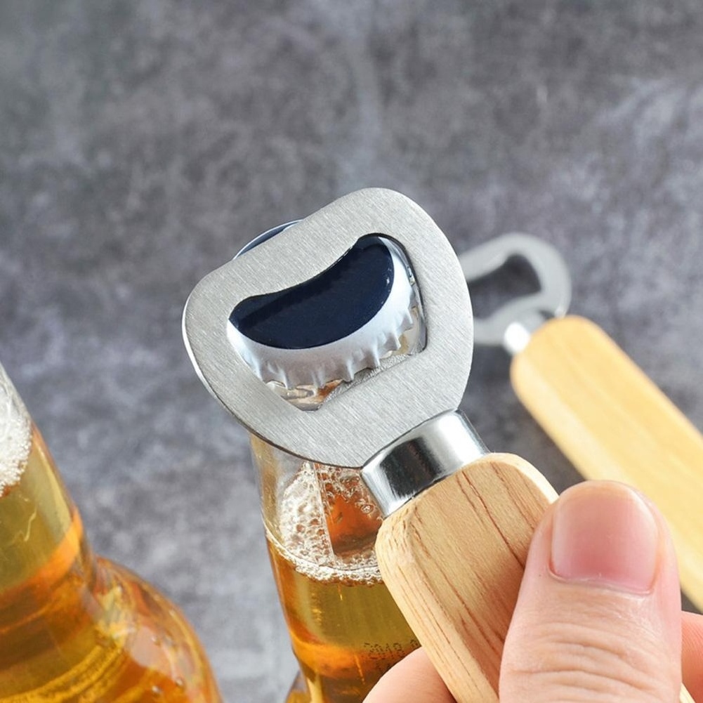 Wooden Handle Stainless Steel Bottle Opener Wine Beer Soda Glass Cap Opener Home Kitchen Bar Gadget