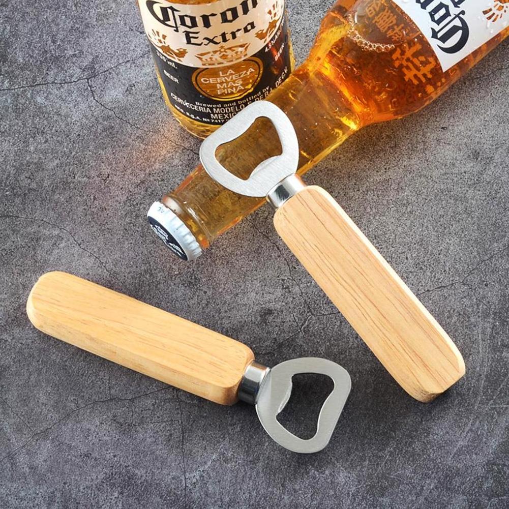 Wooden Handle Stainless Steel Bottle Opener Wine Beer Soda Glass Cap Opener Home Kitchen Bar Gadget