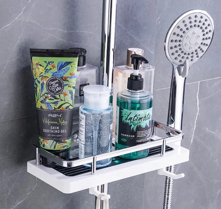 Bathroom Shower Storage Rack Organizer No Drilling Lifting Rod Shower Head Holder Shower Gel Shampoo Tray Holder Pole Shelves