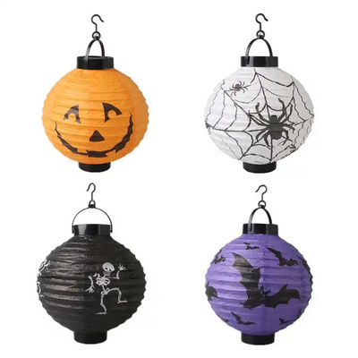 New 2023 Halloween Led Pumpkin Paper Lanterns Bat Spider Pattern Halloween Hanging Light Lantern for Party decor