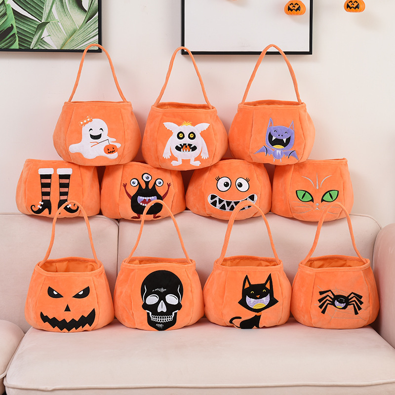 New 2023 Halloween Decorations Pumpkin Embroidery Print Basket Kids Candy Bucket Halloween Baskets