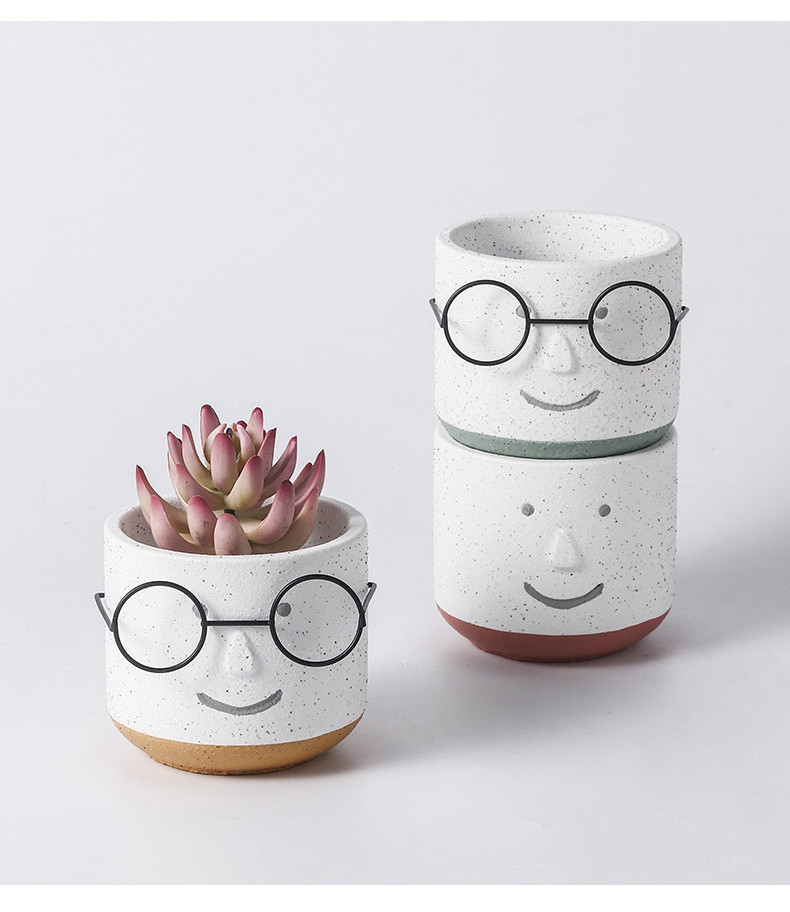 Wholesale Nordic Face Shape Succulent Planters Cartoon Pots Plant Holder Cement Flower Pot With Holes