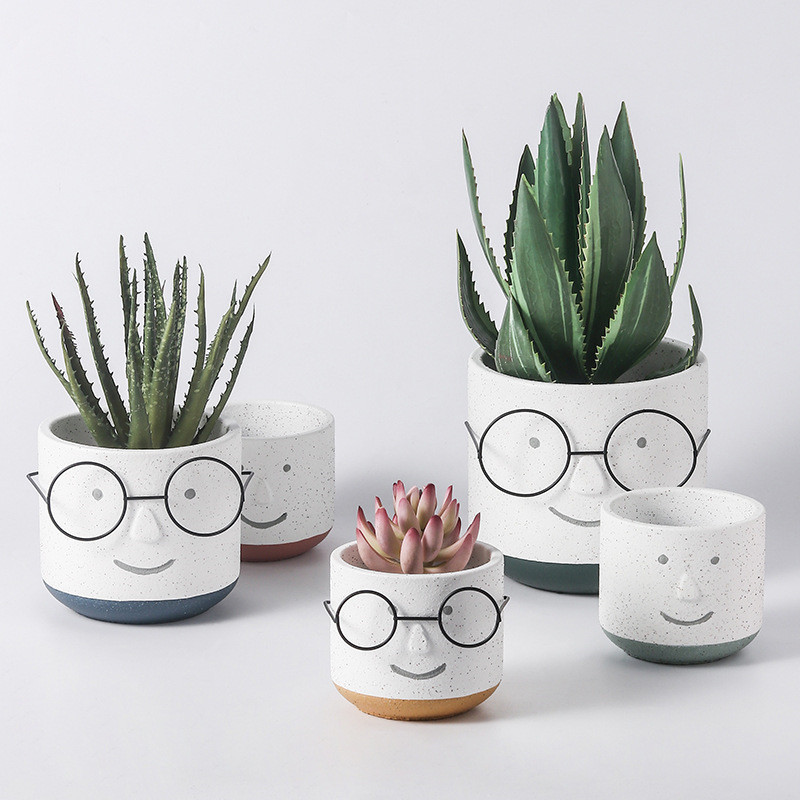 Wholesale Nordic Face Shape Succulent Planters Cartoon Pots Plant Holder Cement Flower Pot With Holes