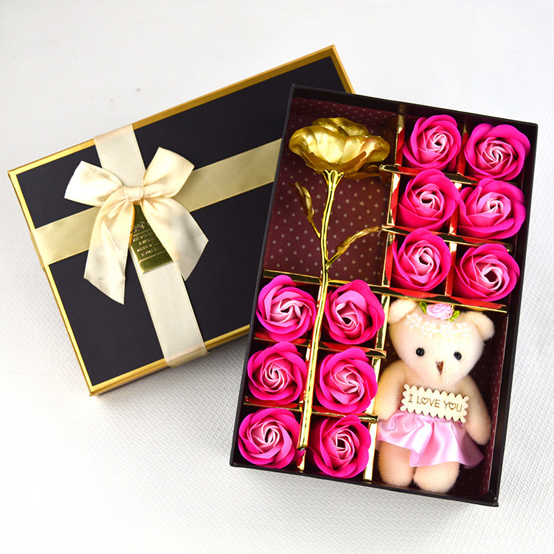 Valentine's Day Artificial Red Roses Colored Flower Soap Gift Box 12 Soap Roses And Flowers Gift Box With Teddy Bear A Gift Box