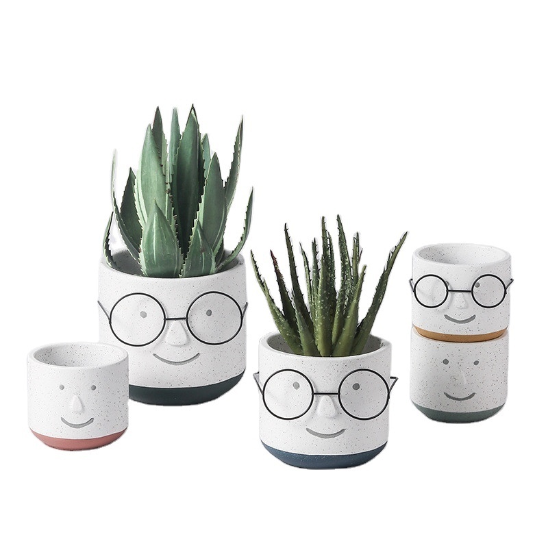 Wholesale Nordic Face Shape Succulent Planters Cartoon Pots Plant Holder Cement Flower Pot With Holes