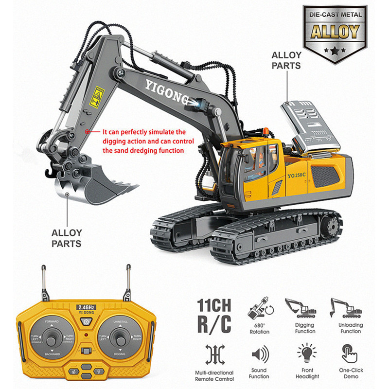 2.4G 1:20 Alloy Rc Excavator Engineering Truck Diecast Metal Rc Digger Excavator Machine Model for Kids Birthday gift