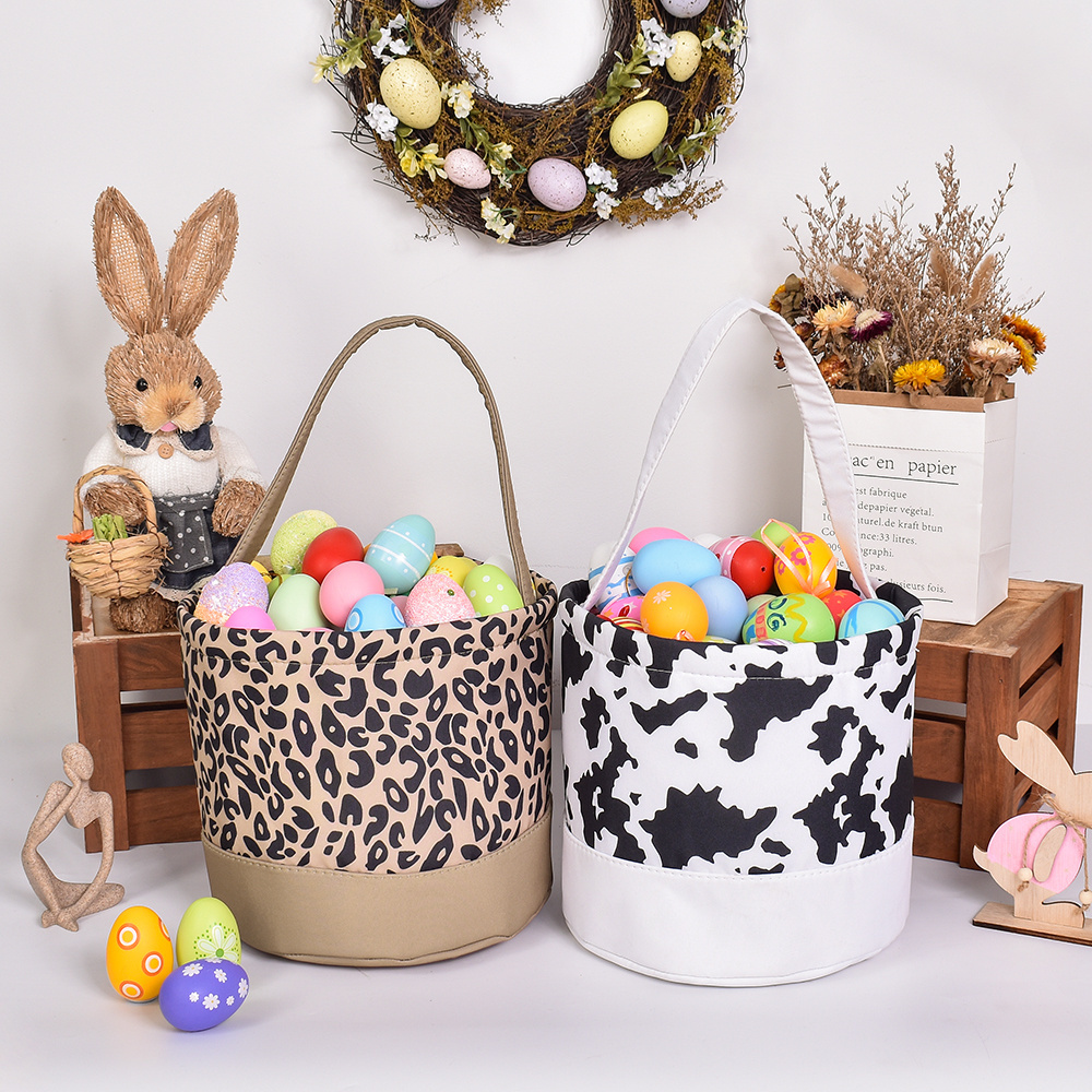 2024 New Arrival Cow Print Leopard Easter Basket for Kids Candy Happy Easter Egg Hunt Basket