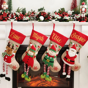 Personalized Elf Christmas Stocking 3D Felt with Dangly Legs Handmade Linen Elk Christmas Stocking