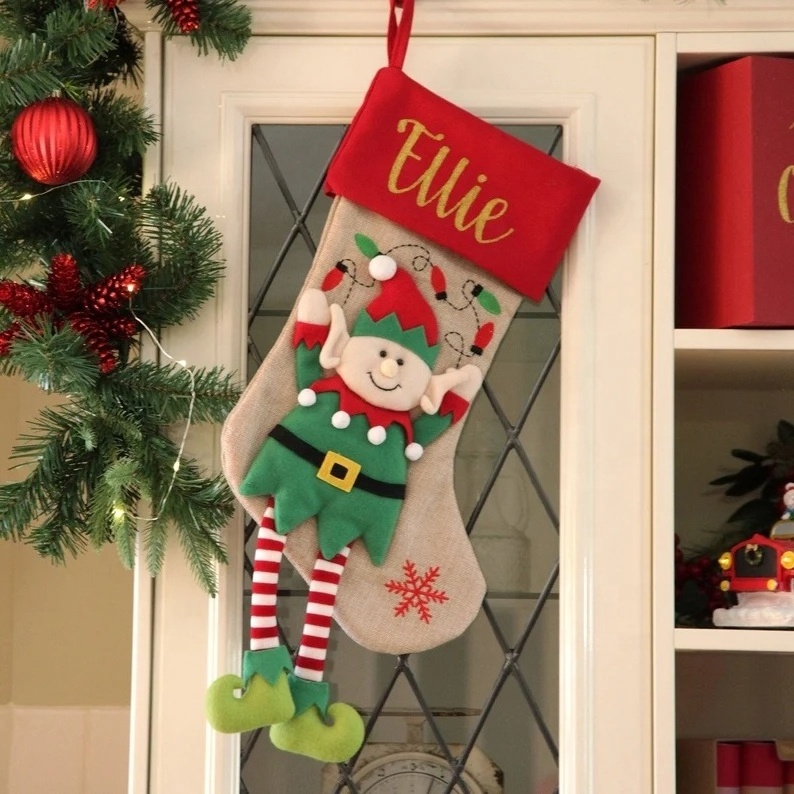 Personalized Elf Christmas Stocking 3D Felt with Dangly Legs Handmade Linen Elk Christmas Stocking