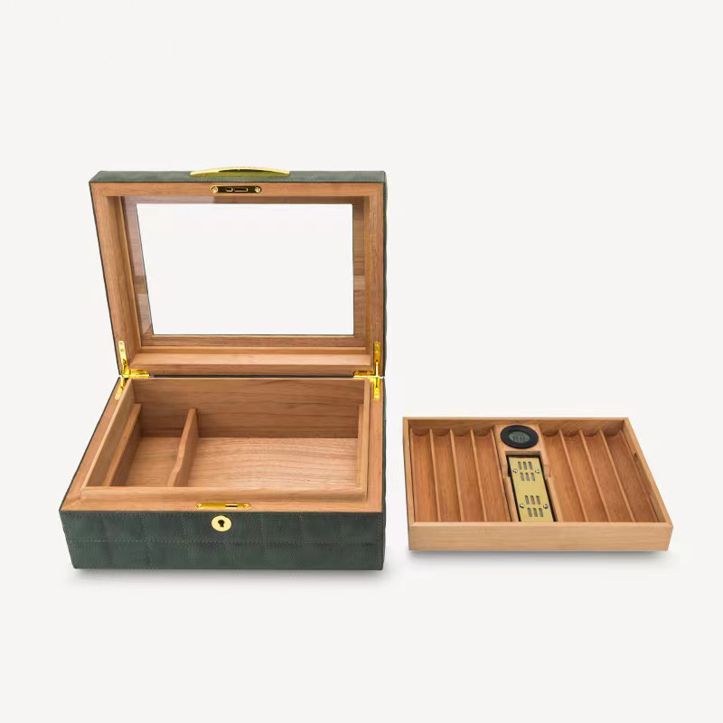 Premium Quality Cigar Humidor Leather Wooden Cigar Humidor with Cigar Hygrometer Humidifier