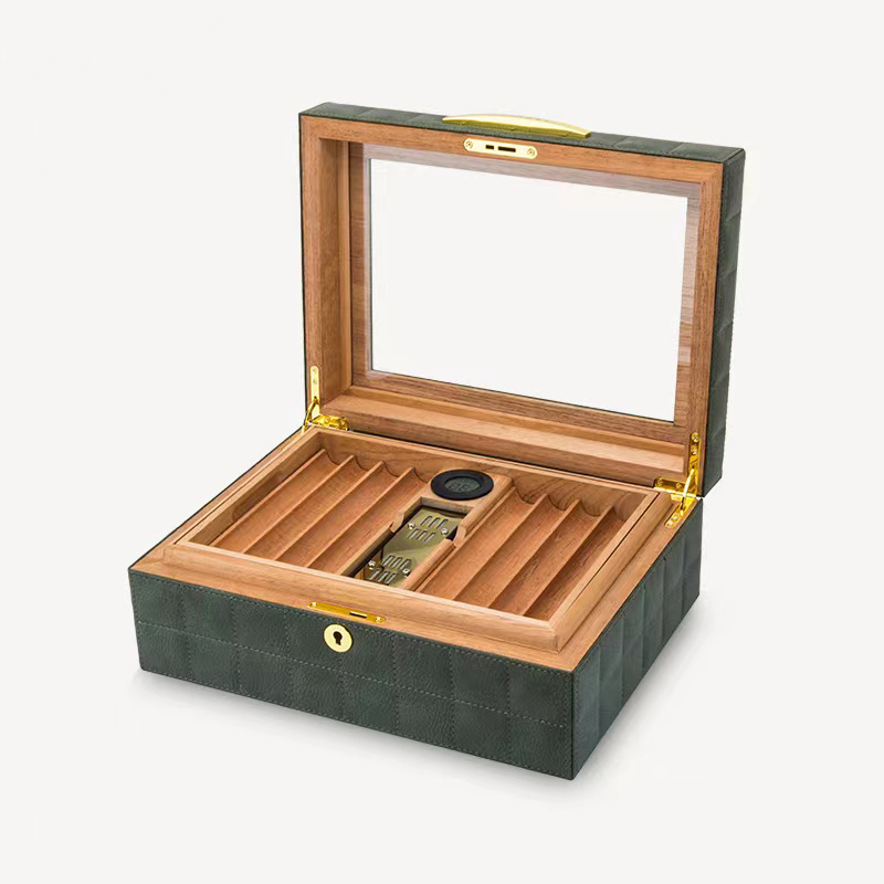 Premium Quality Cigar Humidor Leather Wooden Cigar Humidor with Cigar Hygrometer Humidifier