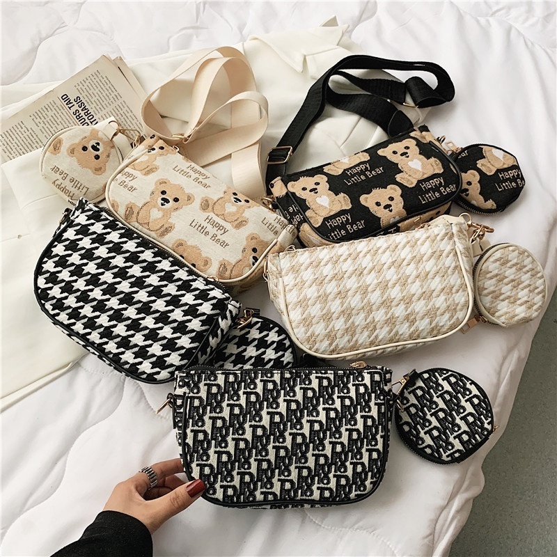 Small 2pcs Crossbody Bags Female Vintage Plaid Shoulder Bags with Mini Round Purse Women Shoulder Bags