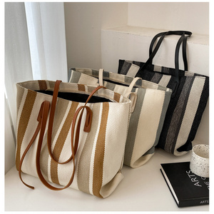 Contrasting Color Canvas Tote Bag Plain Pu Handle Handbag Tote Bag Casual Lady Bags Women Handbags Ladies CY099