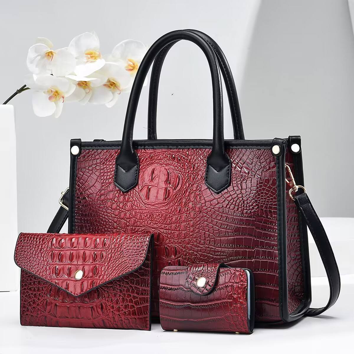 3 Pieces Set Crocodile Pattern Large Capacity Purses And Handbags Wholesale Cheap Price