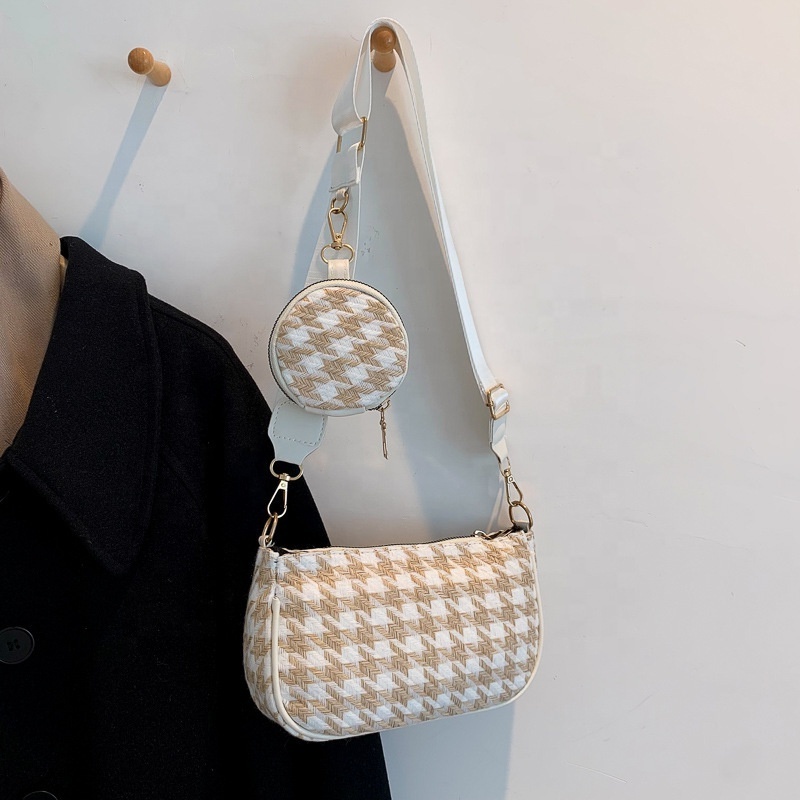 Small 2pcs Crossbody Bags Female Vintage Plaid Shoulder Bags with Mini Round Purse Women Shoulder Bags