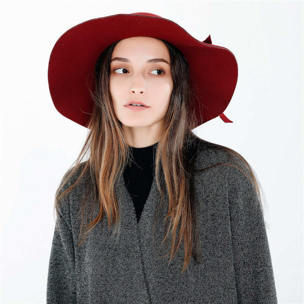 factory wholesale winter women ladies cloche wide brim floppy bowknot wool felt fedora hats